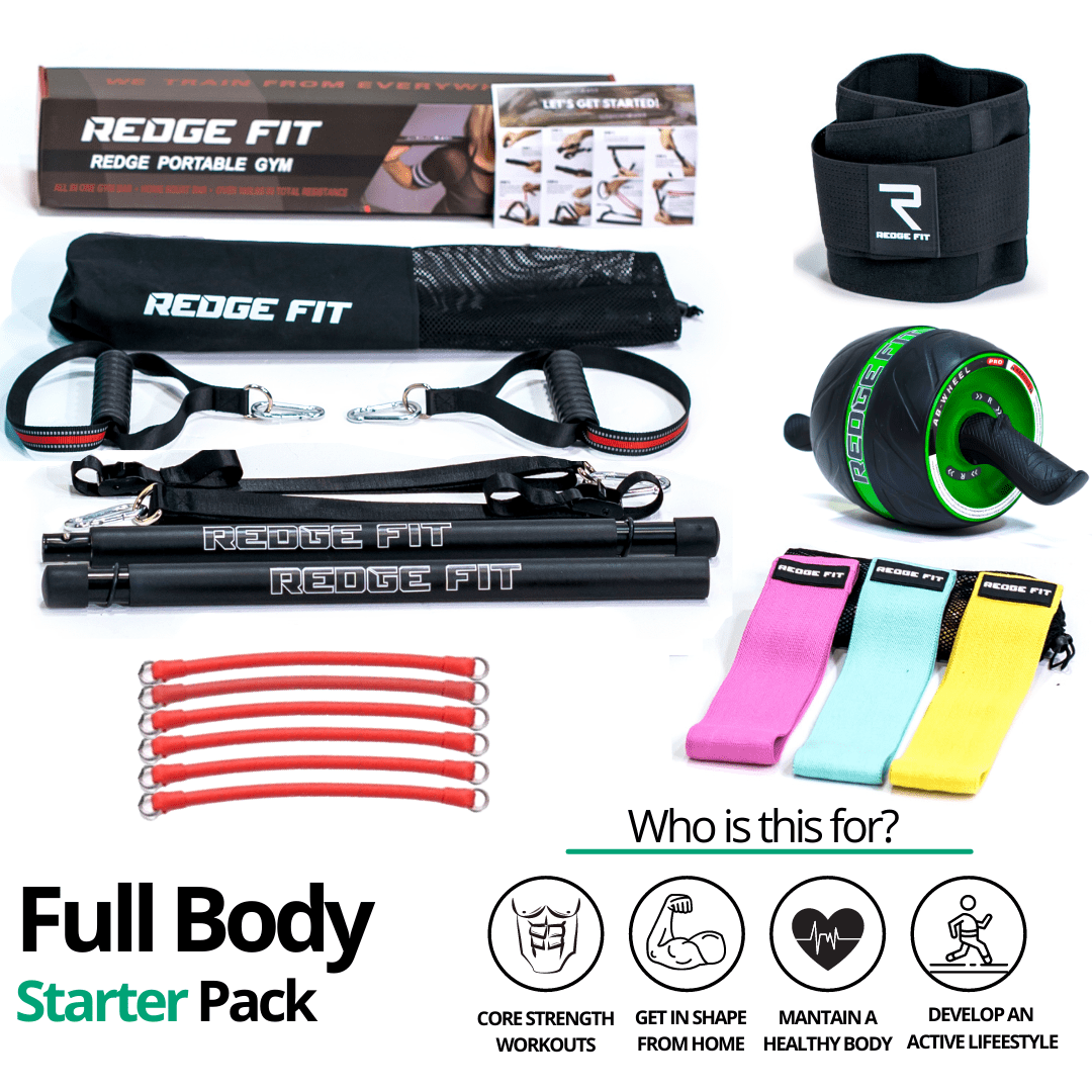 Get a personalized home gym pack that will cover all your needs from anywhere in the world! Become the master of your fitness journey with the Full Body All In One Pack. The Full Body Starter Pack will provide you with a weighted work out anytime and anywhere. The bundle includes: Redge Portable Gym Machine, Set of 3 Fabric Resistance Bands, Yoga Mat, Sweat Belt, and AB Roller Pro Size Chart: Size Waistline (Inches) Width (Inches) S 35.5 8.8 M 39.5 8.8 L 43.5 8.8 XL 47 8.8 XXL 51 8.8