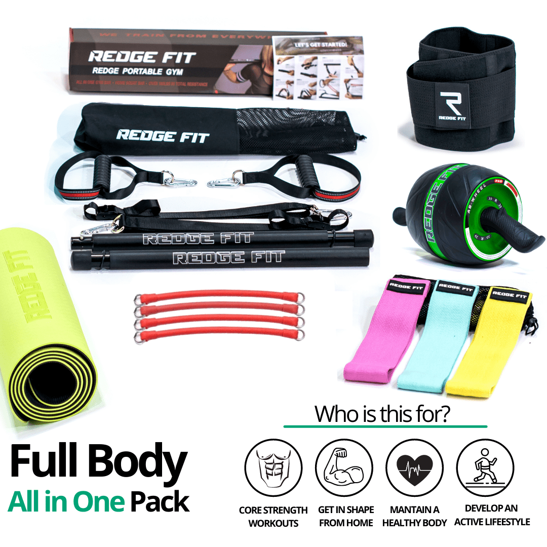 Get a personalized home gym pack that will cover all your needs from anywhere in the world! Become the master of your fitness journey with the Full Body All In One Pack. The Full Body All In One Pack will provide you with a weighted work out anytime and anywhere. The bundle includes: Redge Portable Gym Machine, Set of 3 Fabric Resistance Bands, Yoga Mat, Sweat Belt, and AB Roller Pro Size Chart: Size Waistline (Inches) Width (Inches) S 35.5 8.8 M 39.5 8.8 L 43.5 8.8 XL 47 8.8 XXL 51 8.8