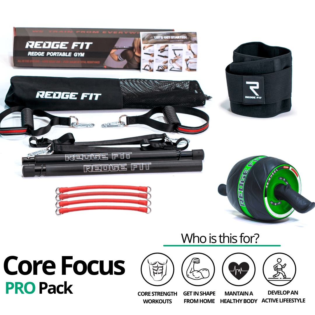 Get a personalized home gym pack that will cover all your needs from anywhere in the world! The Redge Fit Core Focus Pro Pack will help you reach your fitness goals 10x faster workout from anywhere in the world. Strengthen your full body and become master of your fitness journey! This bundle includes: Redge Fit Portable Gym Machine, Yoga Mat, Sweat Belt, and AB Roller Pro Size Chart: Size Waistline (Inches) Width (Inches) S 35.5 8.8 M 39.5 8.8 L 43.5 8.8 XL 47 8.8 XXL 51 8.8