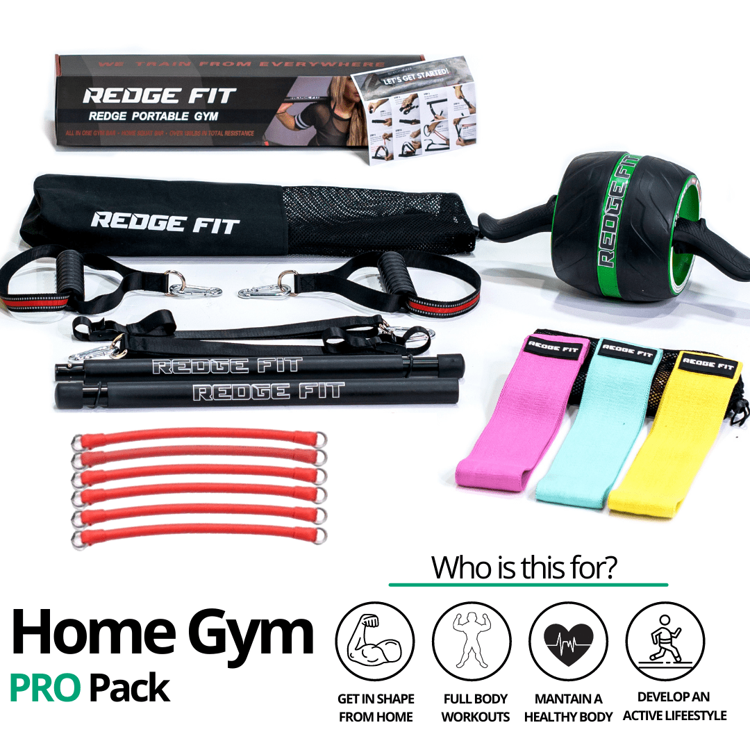 Get a personalized home gym pack that will cover all your needs from anywhere in the world! Become the master of your fitness journey with the Home Gym Pro Pack. Reach fitness goals 10x faster with the Home Gym Pro Pack. This bundle includes: Redge Portable Gym Machine, Set of 3 Fabric Resistance Bands, and AB Roller Pro Size Chart: Size Waistline (Inches) Width (Inches) S 35.5 8.8 M 39.5 8.8 L 43.5 8.8 XL 47 8.8 XXL 51 8.8