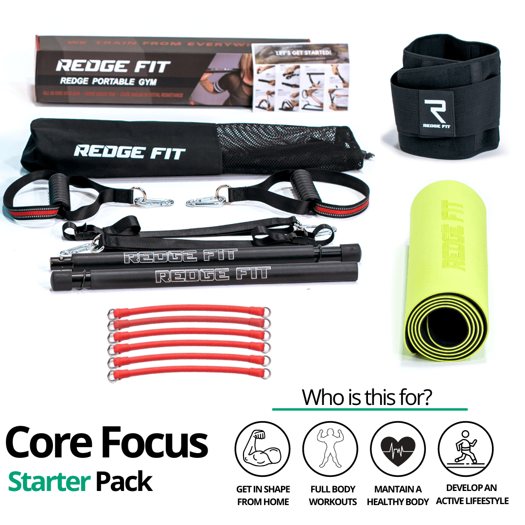 Get a personalized home gym pack that will cover all your needs from anywhere in the world! The Core Focus Starter Pack will help you become the master of your fitness journey by eliminating every excuse you have to living a healthy lifestyle. This bundle includes: Redge Fit Portable Gym Machine, Yoga Mat, Sweat Belt, and AB Roller Pro  Size Chart: Size Waistline (Inches) Width (Inches) S 35.5 8.8 M 39.5 8.8 L 43.5 8.8 XL 47 8.8 XXL 51 8.8