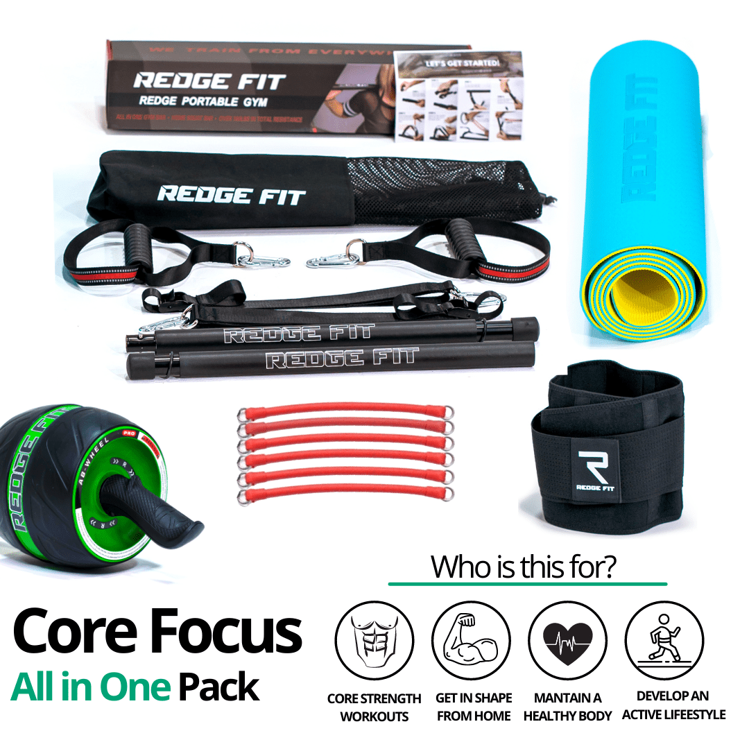 Get a personalized home gym pack that will cover all your needs from anywhere in the world! The Redge Fit Core Focus All In One Pack will help you become the master of your fitness journey by eliminating every excuse you have to living a healthy lifestyle. This bundle includes: Redge Fit Portable Gym Machine, Yoga Matt, Sweat Belt, and AB Roller Pro Size Chart: Size Waistline (Inches) Width (Inches) S 35.5 8.8 M 39.5 8.8 L 43.5 8.8 XL 47 8.8 XXL 51 8.8