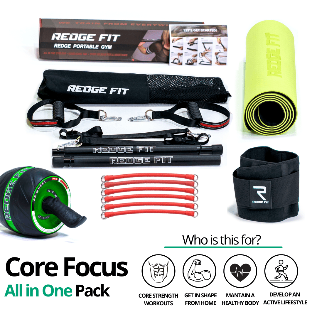 Get a personalized home gym pack that will cover all your needs from anywhere in the world! The Redge Fit Core Focus All In One Pack will help you become the master of your fitness journey by eliminating every excuse you have to living a healthy lifestyle. This bundle includes: Redge Fit Portable Gym Machine, Yoga Matt, Sweat Belt, and AB Roller Pro Size Chart: Size Waistline (Inches) Width (Inches) S 35.5 8.8 M 39.5 8.8 L 43.5 8.8 XL 47 8.8 XXL 51 8.8
