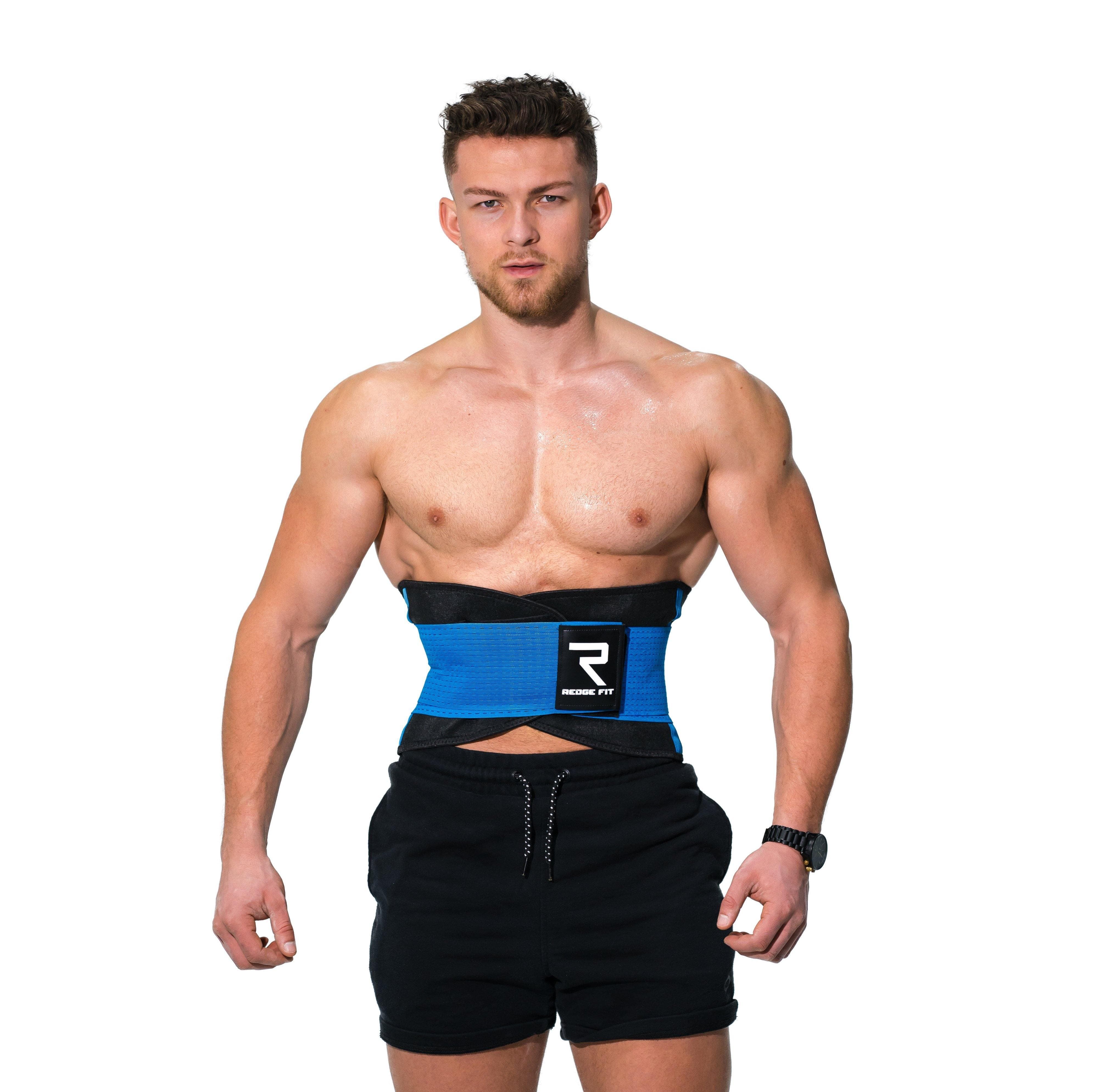 Man modeling the Redge Fit Waist Shaper Size Chart: Size Waistline (Inches) Width (Inches) XS 31.5 8.8 S 35.5 8.8 M 39.5 8.8 L 43.5 8.8 XL 47 8.8 XXL 51 8.8 Available at https://www.getredge.com/products/redge-waist-shaper-sweat-belt