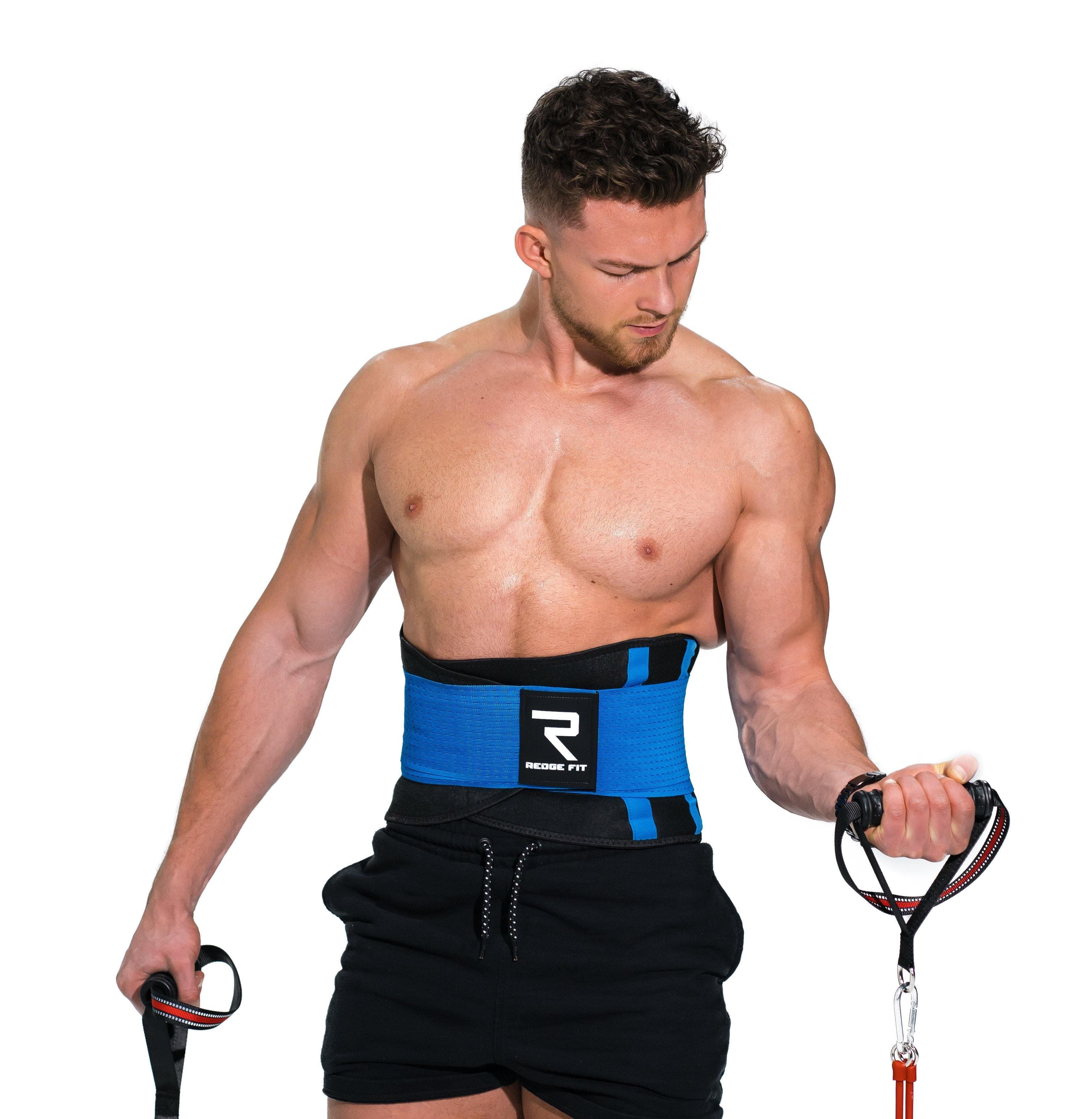 Man modeling the Redge Fit Waist Shaper Size Chart: Size Waistline (Inches) Width (Inches) XS 31.5 8.8 S 35.5 8.8 M 39.5 8.8 L 43.5 8.8 XL 47 8.8 XXL 51 8.8 Available at https://www.getredge.com/products/redge-waist-shaper-sweat-belt