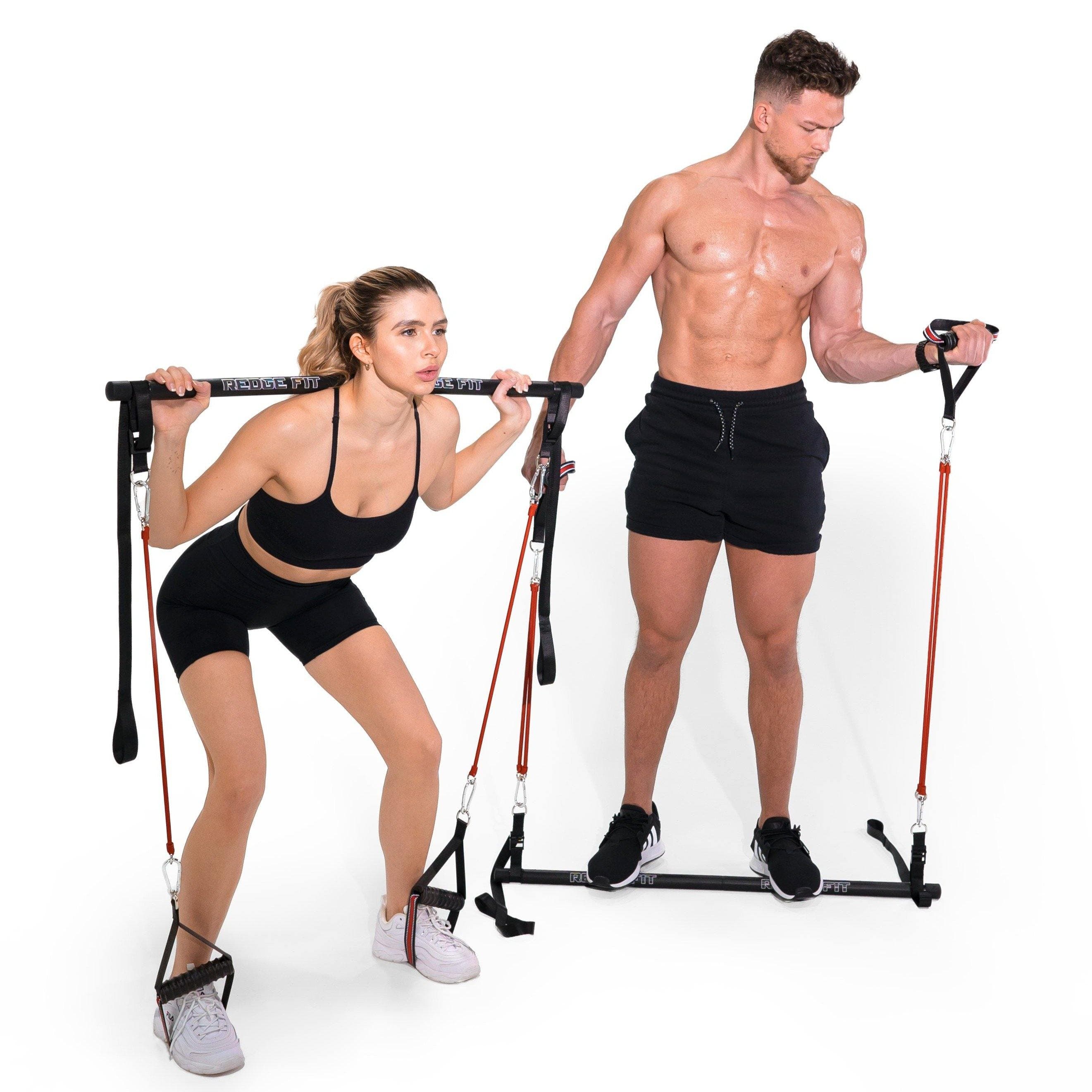 Man and Woman modeling the Redge Fit Core Focus Starter Pack Portable Gym Machine Available at https://www.getredge.com/products/core-focus-all-in-one-pack-1 