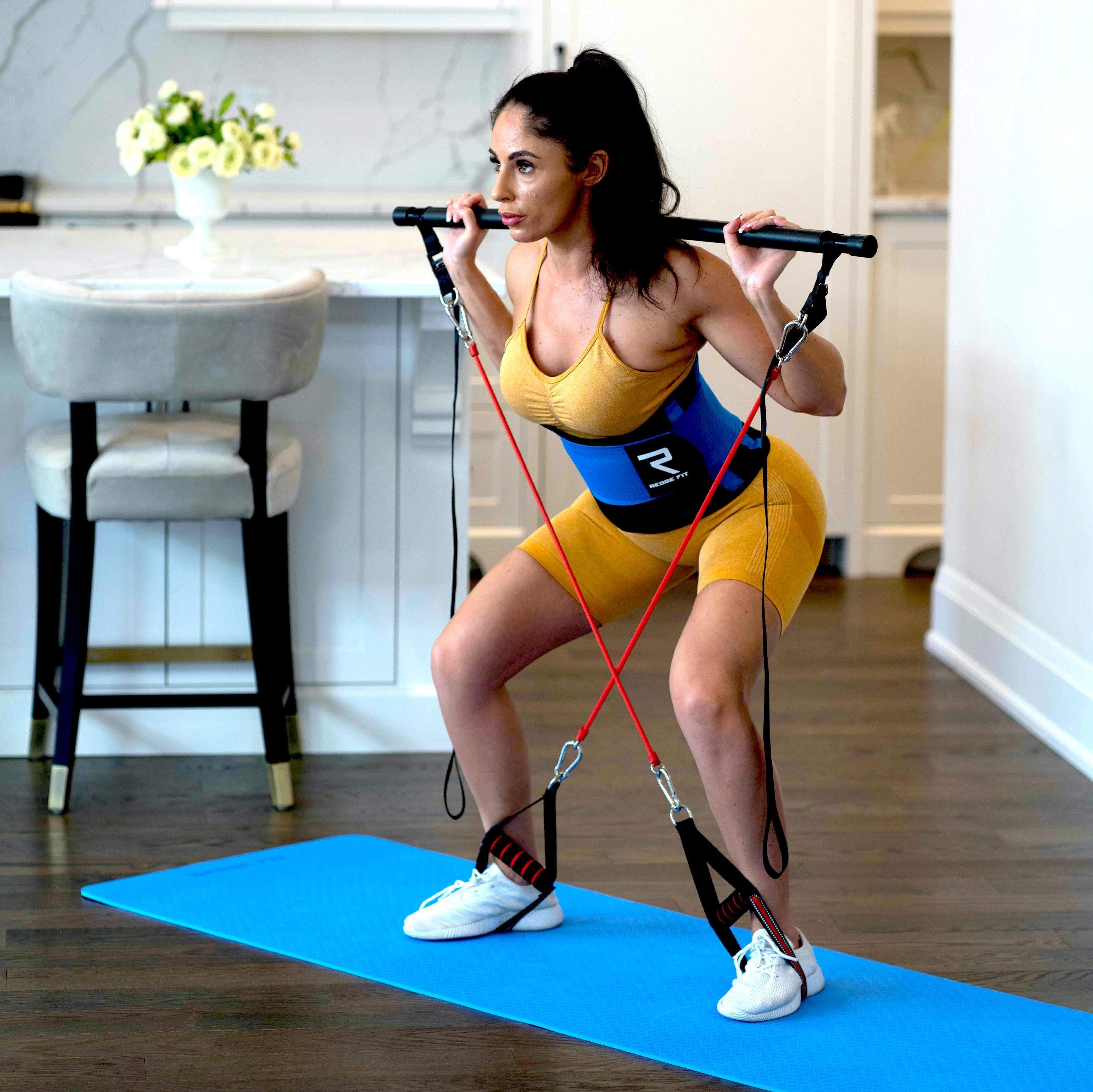 Woman modeling the Redge Fit Home Gym Intermediate Pack Portable Gym Machine Available at https://www.getredge.com/products/home-gym-intermediate-pack