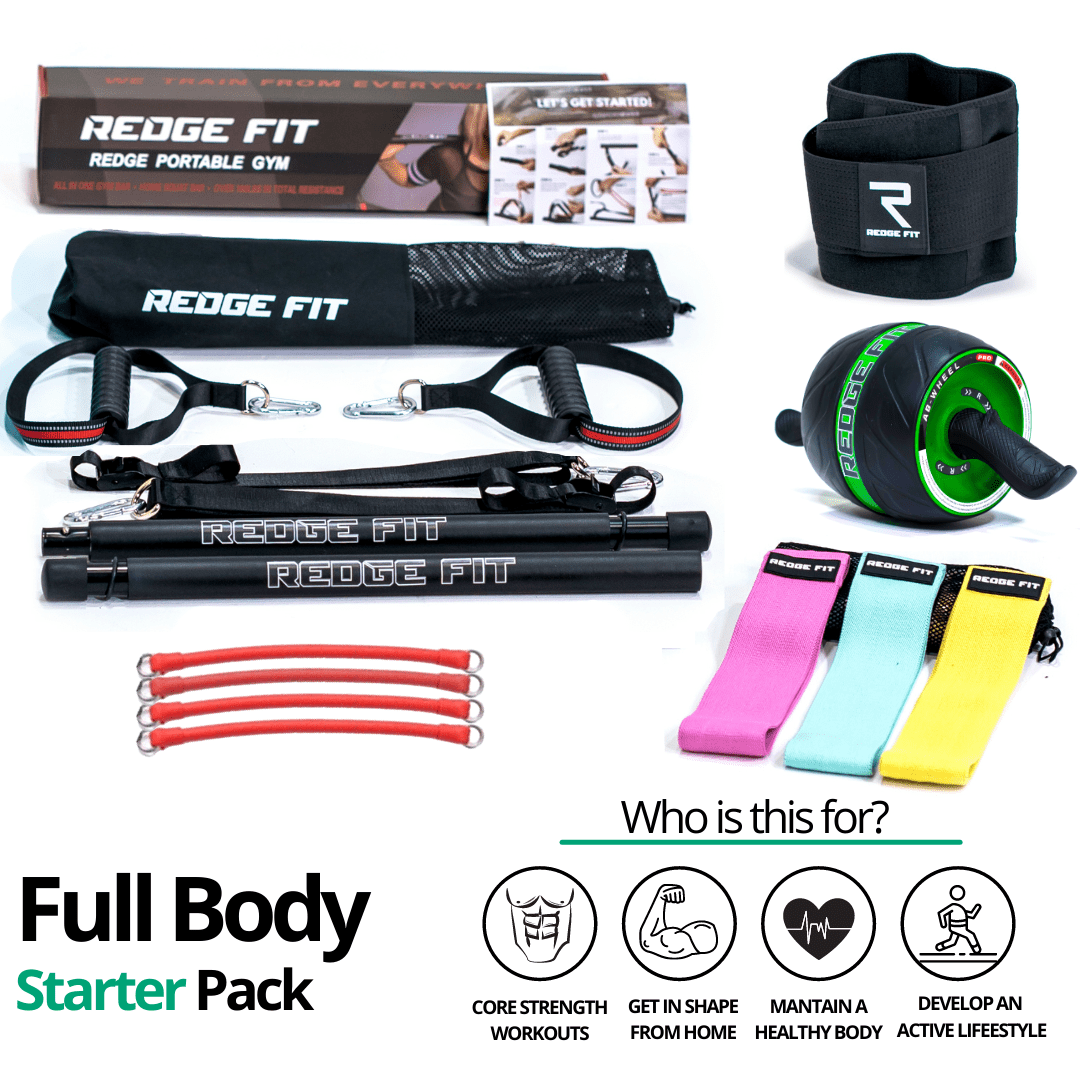 Get a personalized home gym pack that will cover all your needs from anywhere in the world! Become the master of your fitness journey with the Full Body All In One Pack. The Full Body Starter Pack will provide you with a weighted work out anytime and anywhere. The bundle includes: Redge Portable Gym Machine, Set of 3 Fabric Resistance Bands, Yoga Mat, Sweat Belt, and AB Roller Pro Size Chart: Size Waistline (Inches) Width (Inches) S 35.5 8.8 M 39.5 8.8 L 43.5 8.8 XL 47 8.8 XXL 51 8.8