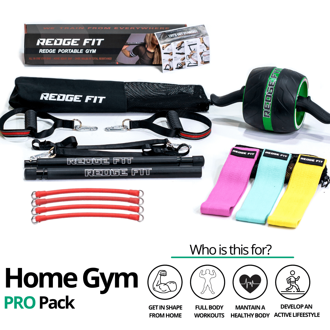 Get a personalized home gym pack that will cover all your needs from anywhere in the world! Become the master of your fitness journey with the Home Gym Pro Pack. Reach fitness goals 10x faster with the Home Gym Pro Pack. This bundle includes: Redge Portable Gym Machine, Set of 3 Fabric Resistance Bands, and AB Roller Pro Size Chart: Size Waistline (Inches) Width (Inches) S 35.5 8.8 M 39.5 8.8 L 43.5 8.8 XL 47 8.8 XXL 51 8.8