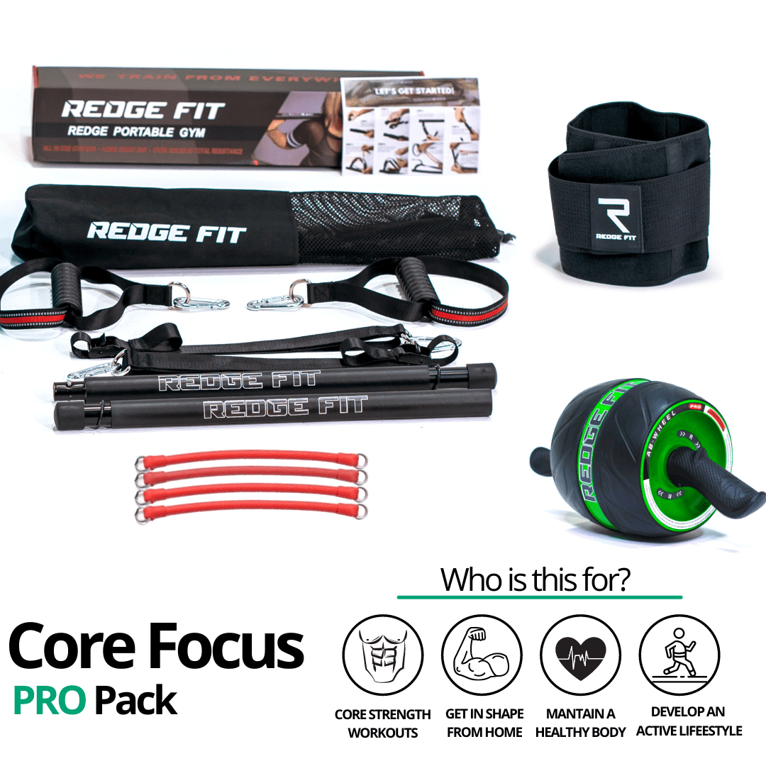 Get a personalized home gym pack that will cover all your needs from anywhere in the world! The Redge Fit Core Focus Pro Pack will help you reach your fitness goals 10x faster workout from anywhere in the world. Strengthen your full body and become master of your fitness journey! This bundle includes: Redge Fit Portable Gym Machine, Yoga Mat, Sweat Belt, and AB Roller Pro  Size Chart: Size Waistline (Inches) Width (Inches) S 35.5 8.8 M 39.5 8.8 L 43.5 8.8 XL 47 8.8 XXL 51 8.8