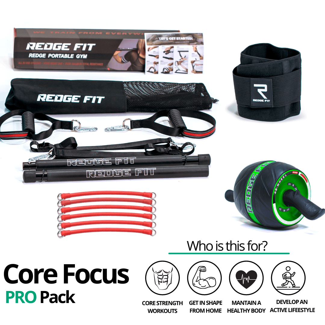 Get a personalized home gym pack that will cover all your needs from anywhere in the world! The Redge Fit Core Focus Pro Pack will help you reach your fitness goals 10x faster workout from anywhere in the world. Strengthen your full body and become master of your fitness journey! This bundle includes: Redge Fit Portable Gym Machine, Yoga Mat, Sweat Belt, and AB Roller Pro  Size Chart: Size Waistline (Inches) Width (Inches) S 35.5 8.8 M 39.5 8.8 L 43.5 8.8 XL 47 8.8 XXL 51 8.8