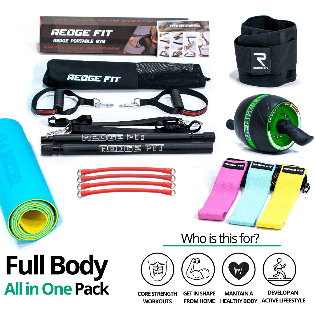Get a personalized home gym pack that will cover all your needs from anywhere in the world! Become the master of your fitness journey with the Full Body All In One Pack. The Full Body All In One Pack will provide you with a weighted work out anytime and anywhere. The bundle includes: Redge Portable Gym Machine, Set of 3 Fabric Resistance Bands, Yoga Mat, Sweat Belt, and AB Roller Pro Size Chart: Size Waistline (Inches) Width (Inches) S 35.5 8.8 M 39.5 8.8 L 43.5 8.8 XL 47 8.8 XXL 51 8.8