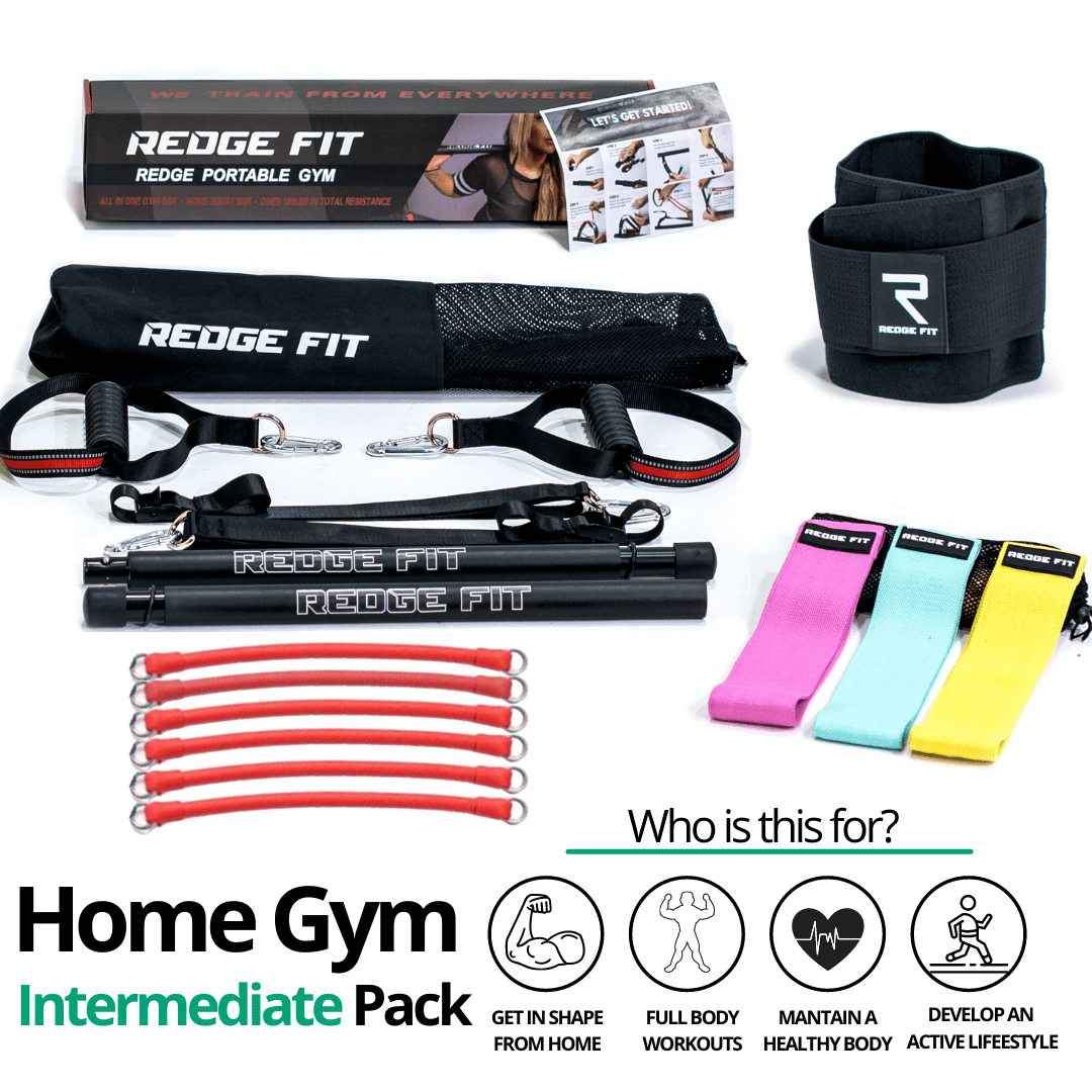 Get a personalized home gym pack that will cover all your needs from anywhere in the world! Become the master of your fitness journey with the Home Gym Intermediate Pack. Reach Fitness Goals 10x Faster with the Home Gym Intermediate Pack. This bundle includes: Redge Portable Gym Machine, Set of 3 Fabric Resistance Bands, and Sweat Belt Size Chart: Size Waistline (Inches) Width (Inches) S 35.5 8.8 M 39.5 8.8 L 43.5 8.8 XL 47 8.8 XXL 51 8.8