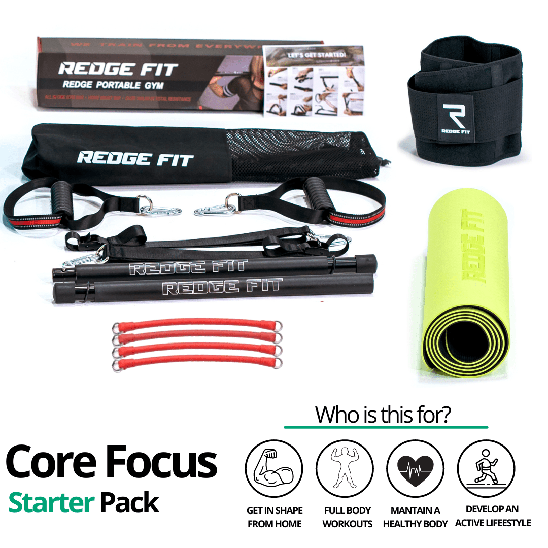 Get a personalized home gym pack that will cover all your needs from anywhere in the world! The Core Focus Starter Pack will help you become the master of your fitness journey by eliminating every excuse you have to living a healthy lifestyle. This bundle includes: Redge Fit Portable Gym Machine, Yoga Mat, Sweat Belt, and AB Roller Pro  Size Chart: Size Waistline (Inches) Width (Inches) S 35.5 8.8 M 39.5 8.8 L 43.5 8.8 XL 47 8.8 XXL 51 8.8