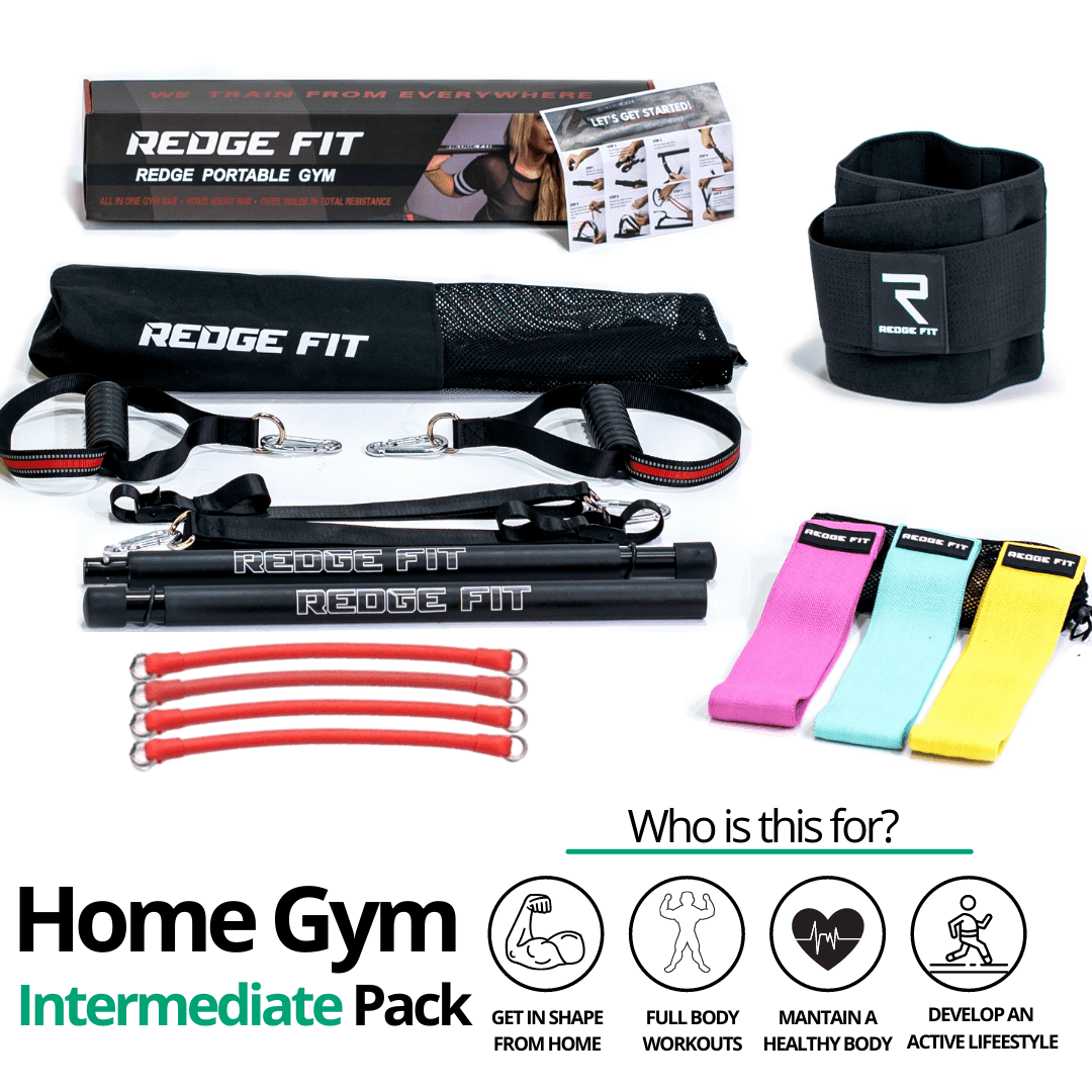 Get a personalized home gym pack that will cover all your needs from anywhere in the world! Become the master of your fitness journey with the Home Gym Intermediate Pack. Reach Fitness Goals 10x Faster with the Home Gym Intermediate Pack. This bundle includes: Redge Portable Gym Machine, Set of 3 Fabric Resistance Bands, and Sweat Belt Size Chart: Size Waistline (Inches) Width (Inches) S 35.5 8.8 M 39.5 8.8 L 43.5 8.8 XL 47 8.8 XXL 51 8.8