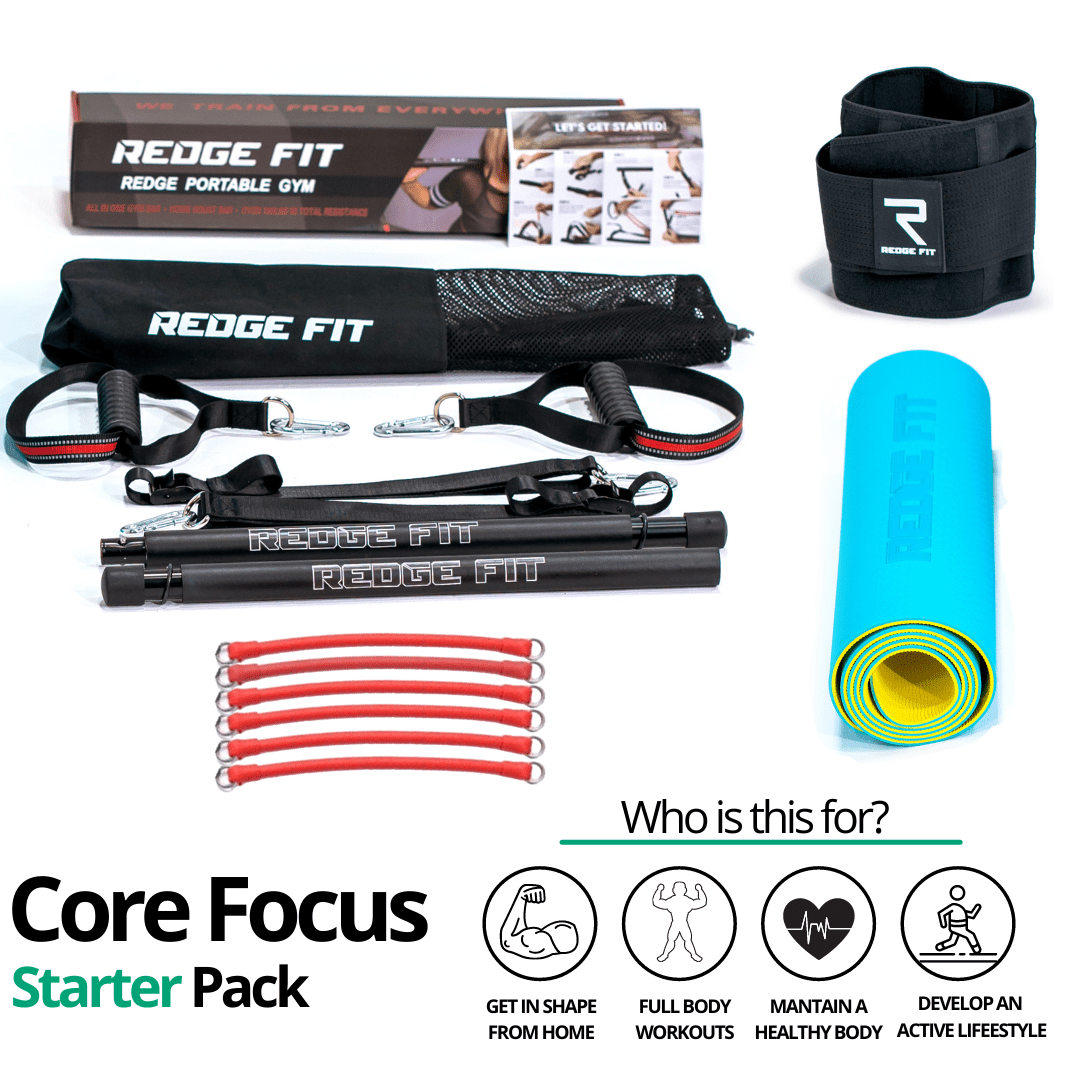 Get a personalized home gym pack that will cover all your needs from anywhere in the world! The Core Focus Starter Pack will help you become the master of your fitness journey by eliminating every excuse you have to living a healthy lifestyle. This bundle includes: Redge Fit Portable Gym Machine, Yoga Mat, Sweat Belt, and AB Roller Pro  Size Chart: Size Waistline (Inches) Width (Inches) S 35.5 8.8 M 39.5 8.8 L 43.5 8.8 XL 47 8.8 XXL 51 8.8