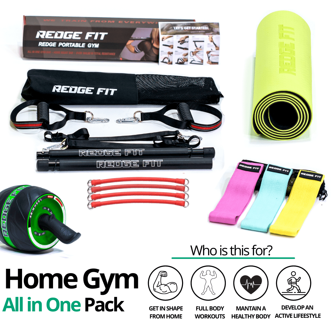 Get a personalized home gym pack that will cover all your needs from anywhere in the world! Become the master of your fitness journey with the Home Gym All In One Pack. The Home Gym All In One Pack allows you to get a weighted workout anytime anywhere. This bundle includes: Redge Portable Gym Machine, Set of 3 Fabric Resistance Bands, Yoga Mat, and AB Roller Pro Size Chart: Size Waistline (Inches) Width (Inches) S 35.5 8.8 M 39.5 8.8 L 43.5 8.8 XL 47 8.8 XXL 51 8.8