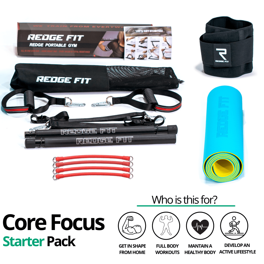 Get a personalized home gym pack that will cover all your needs from anywhere in the world! The Core Focus Starter Pack will help you become the master of your fitness journey by eliminating every excuse you have to living a healthy lifestyle. This bundle includes: Redge Fit Portable Gym Machine, Yoga Mat, Sweat Belt, and AB Roller Pro  Size Chart: Size Waistline (Inches) Width (Inches) S 35.5 8.8 M 39.5 8.8 L 43.5 8.8 XL 47 8.8 XXL 51 8.8