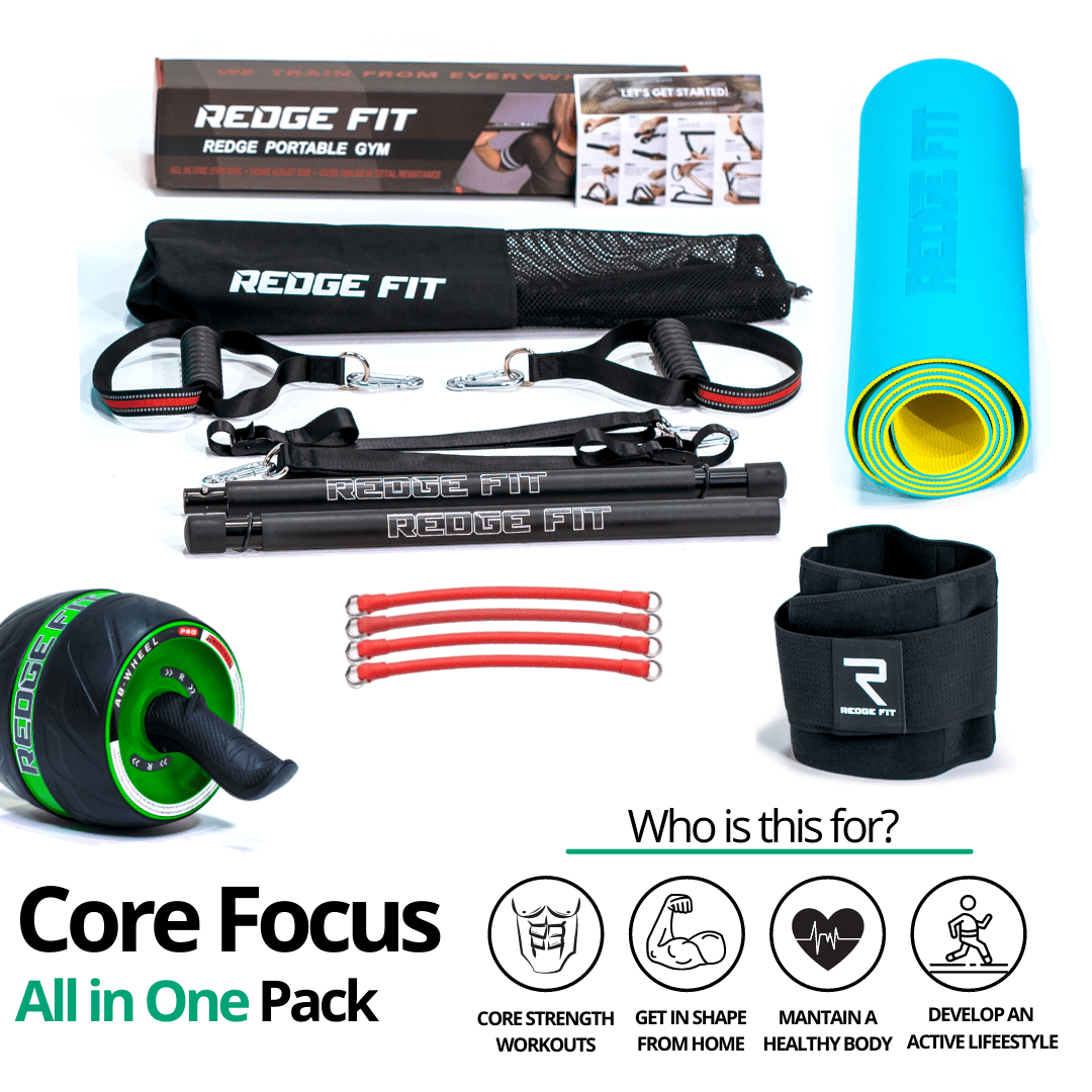 Get a personalized home gym pack that will cover all your needs from anywhere in the world! The Redge Fit Core Focus All In One Pack will help you become the master of your fitness journey by eliminating every excuse you have to living a healthy lifestyle. This bundle includes: Redge Fit Portable Gym Machine, Yoga Matt, Sweat Belt, and AB Roller Pro  Size Chart: Size Waistline (Inches) Width (Inches) S 35.5 8.8 M 39.5 8.8 L 43.5 8.8 XL 47 8.8 XXL 51 8.8