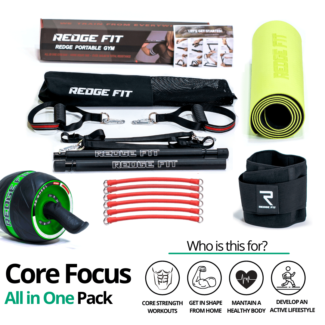 Get a personalized home gym pack that will cover all your needs from anywhere in the world! The Redge Fit Core Focus All In One Pack will help you become the master of your fitness journey by eliminating every excuse you have to living a healthy lifestyle. This bundle includes: Redge Fit Portable Gym Machine, Yoga Matt, Sweat Belt, and AB Roller Pro  Size Chart: Size Waistline (Inches) Width (Inches) S 35.5 8.8 M 39.5 8.8 L 43.5 8.8 XL 47 8.8 XXL 51 8.8