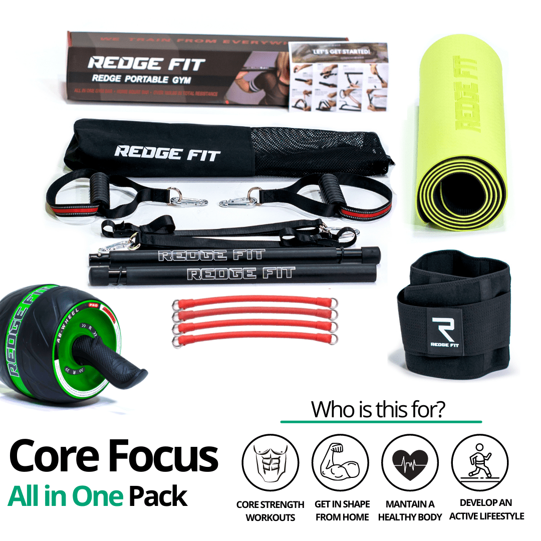 Get a personalized home gym pack that will cover all your needs from anywhere in the world! The Redge Fit Core Focus All In One Pack will help you become the master of your fitness journey by eliminating every excuse you have to living a healthy lifestyle. This bundle includes: Redge Fit Portable Gym Machine, Yoga Matt, Sweat Belt, and AB Roller Pro  Size Chart: Size Waistline (Inches) Width (Inches) S 35.5 8.8 M 39.5 8.8 L 43.5 8.8 XL 47 8.8 XXL 51 8.8