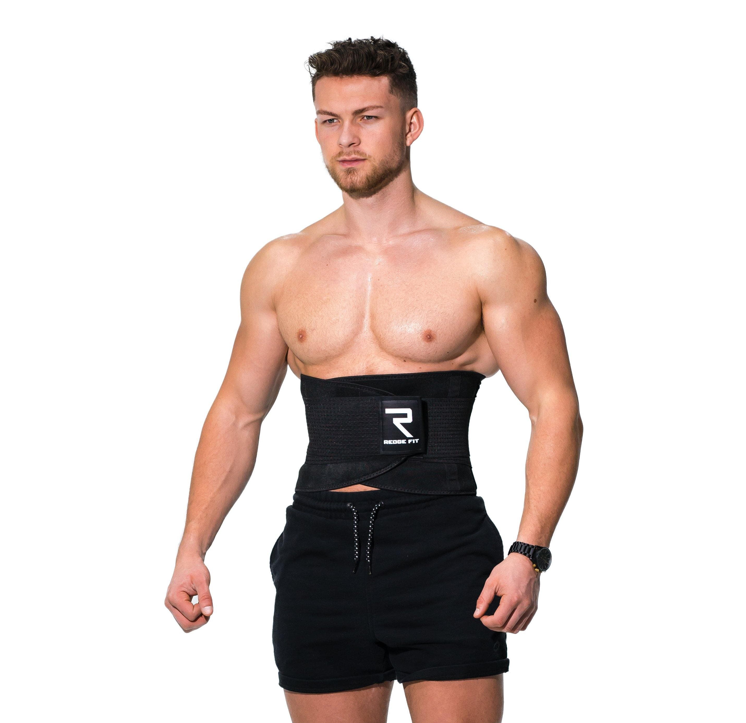 Man modeling the Redge Fit Waist Shaper Size Chart: Size Waistline (Inches) Width (Inches) XS 31.5 8.8 S 35.5 8.8 M 39.5 8.8 L 43.5 8.8 XL 47 8.8 XXL 51 8.8 Available at https://www.getredge.com/products/redge-waist-shaper-sweat-belt