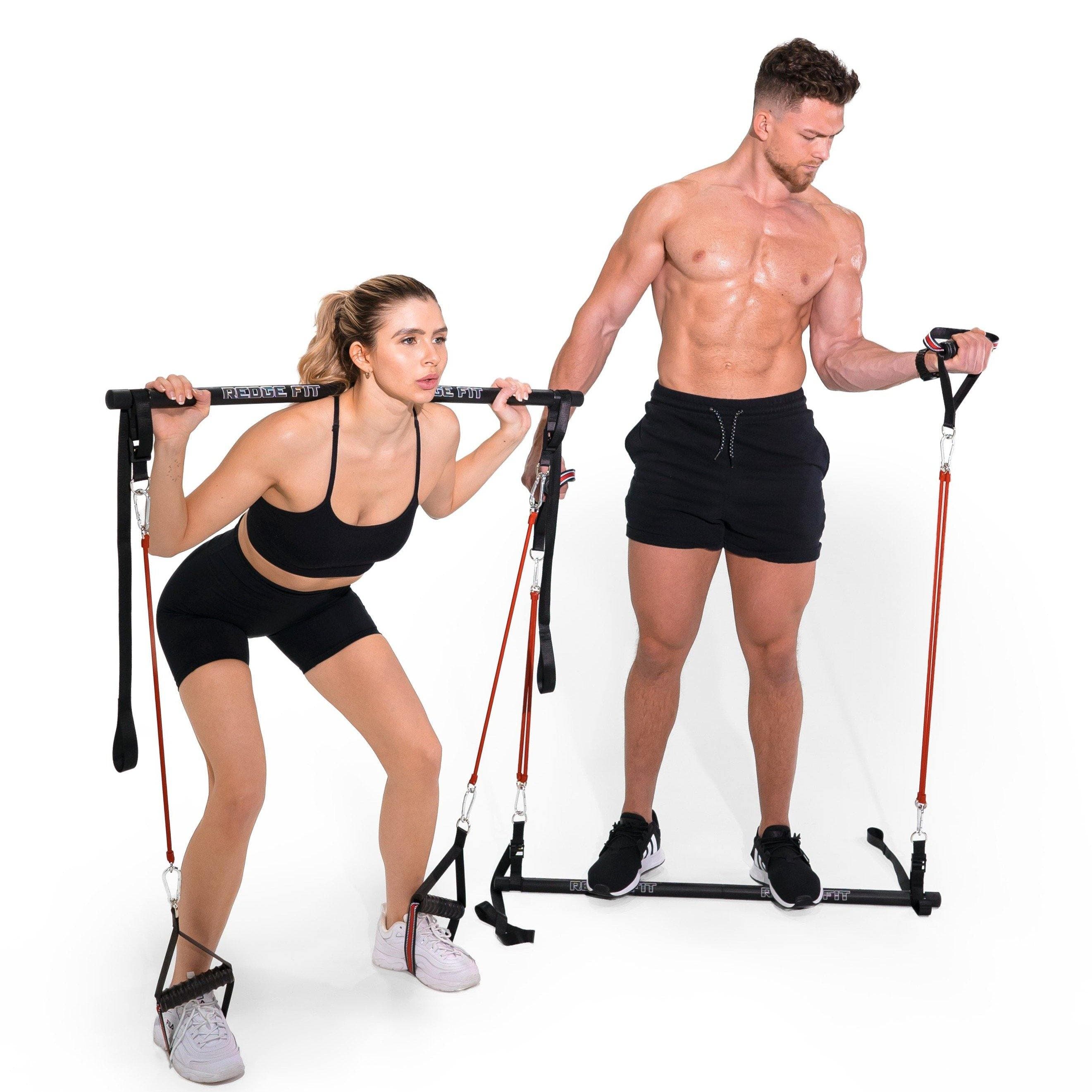 Man and Woman modeling the Redge Fit Core Focus Pro Portable Gym Machine Available at https://www.getredge.com/products/core-pro-pack