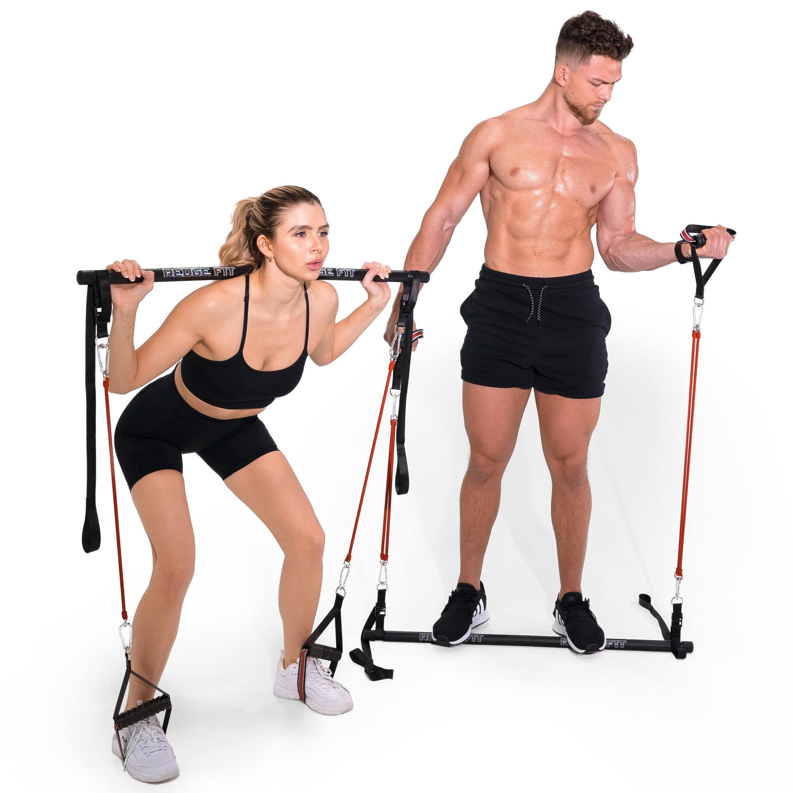 Man and Woman modeling the Redge Fit Portable Gym Machine Available at https://www.getredge.com/products/bar