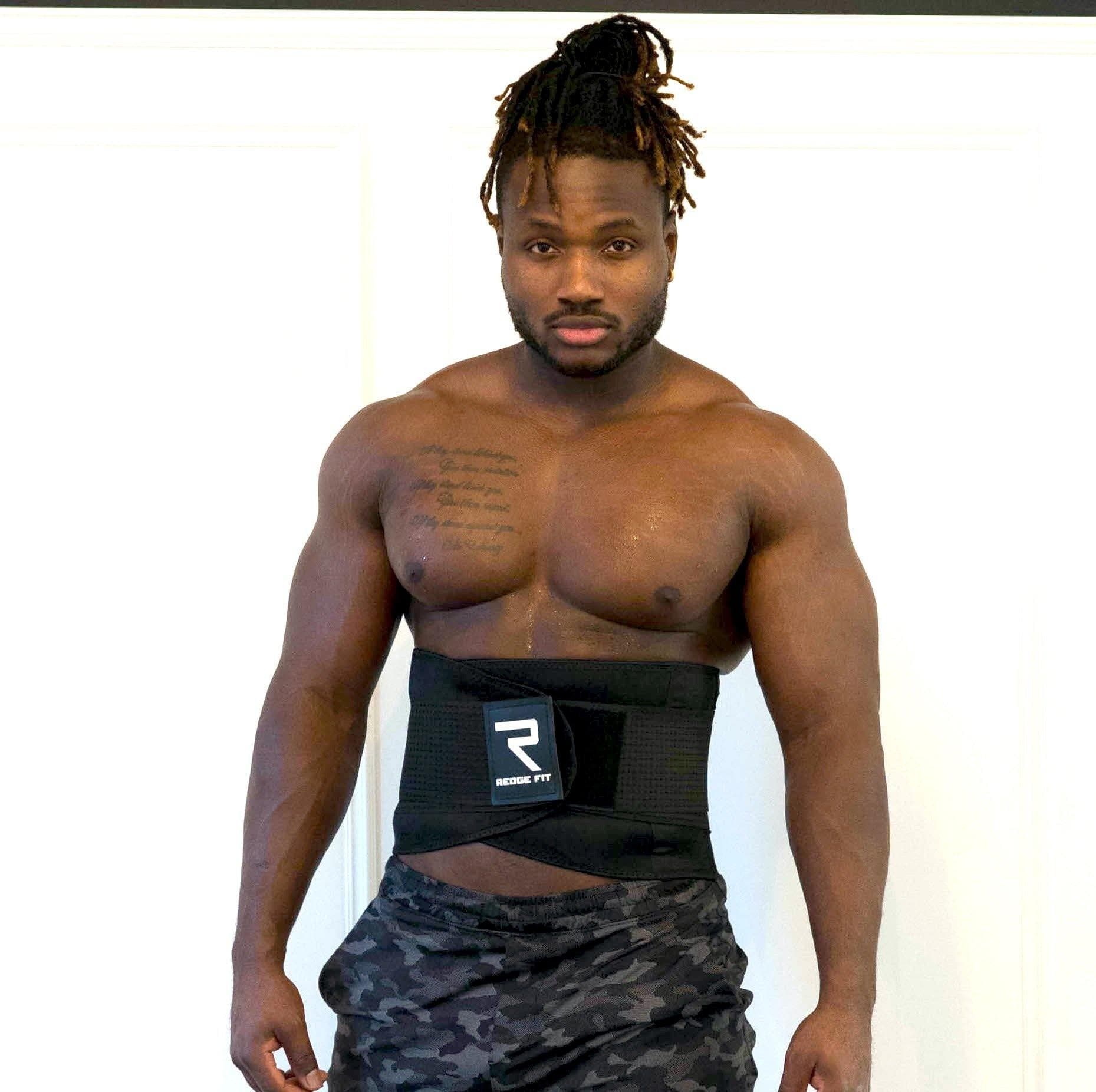 Man modeling the Redge Fit Waist Shaper Size Chart: Size Waistline (Inches) Width (Inches) XS 31.5 8.8 S 35.5 8.8 M 39.5 8.8 L 43.5 8.8 XL 47 8.8 XXL 51 8.8 Available at https://www.getredge.com/products/redge-waist-shaper-sweat-belt