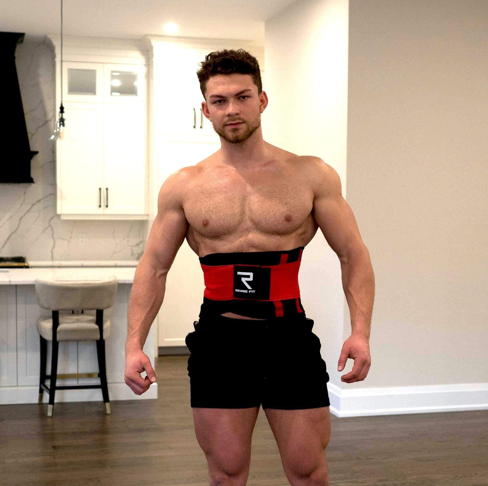 Man modeling the Redge Fit Waist Shaper Size Chart: Size Waistline (Inches) Width (Inches) XS 31.5 8.8 S 35.5 8.8 M 39.5 8.8 L 43.5 8.8 XL 47 8.8 XXL 51 8.8 Available at https://www.getredge.com/products/redge-waist-shaper-sweat-belt